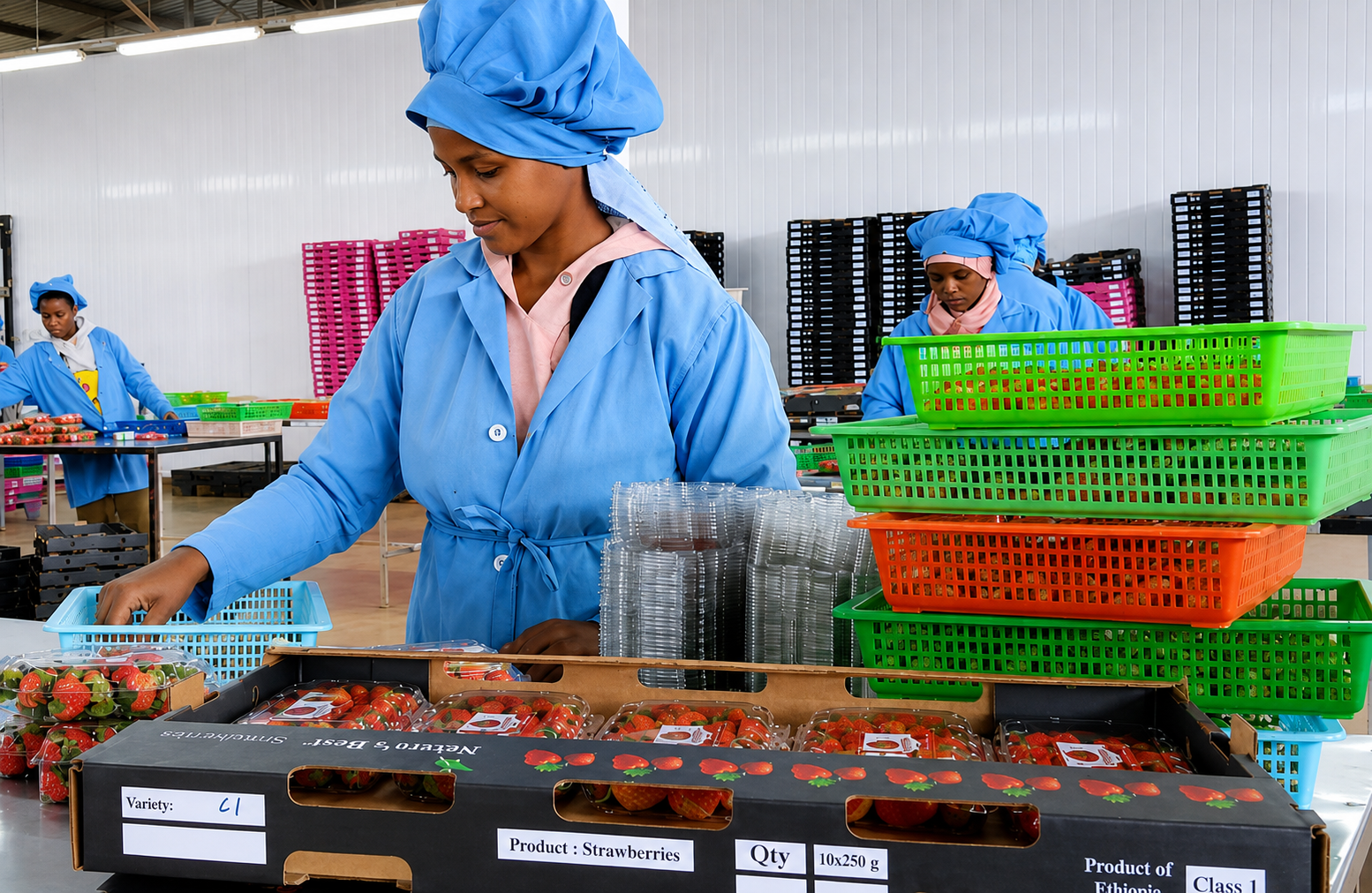 Beeco team packing strawberries into retail punnets in the packing house