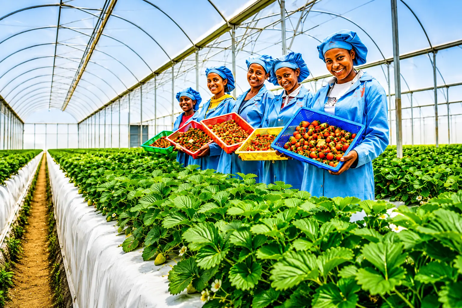 Beeco harvest team with fresh strawberries in a Holeta greenhouse