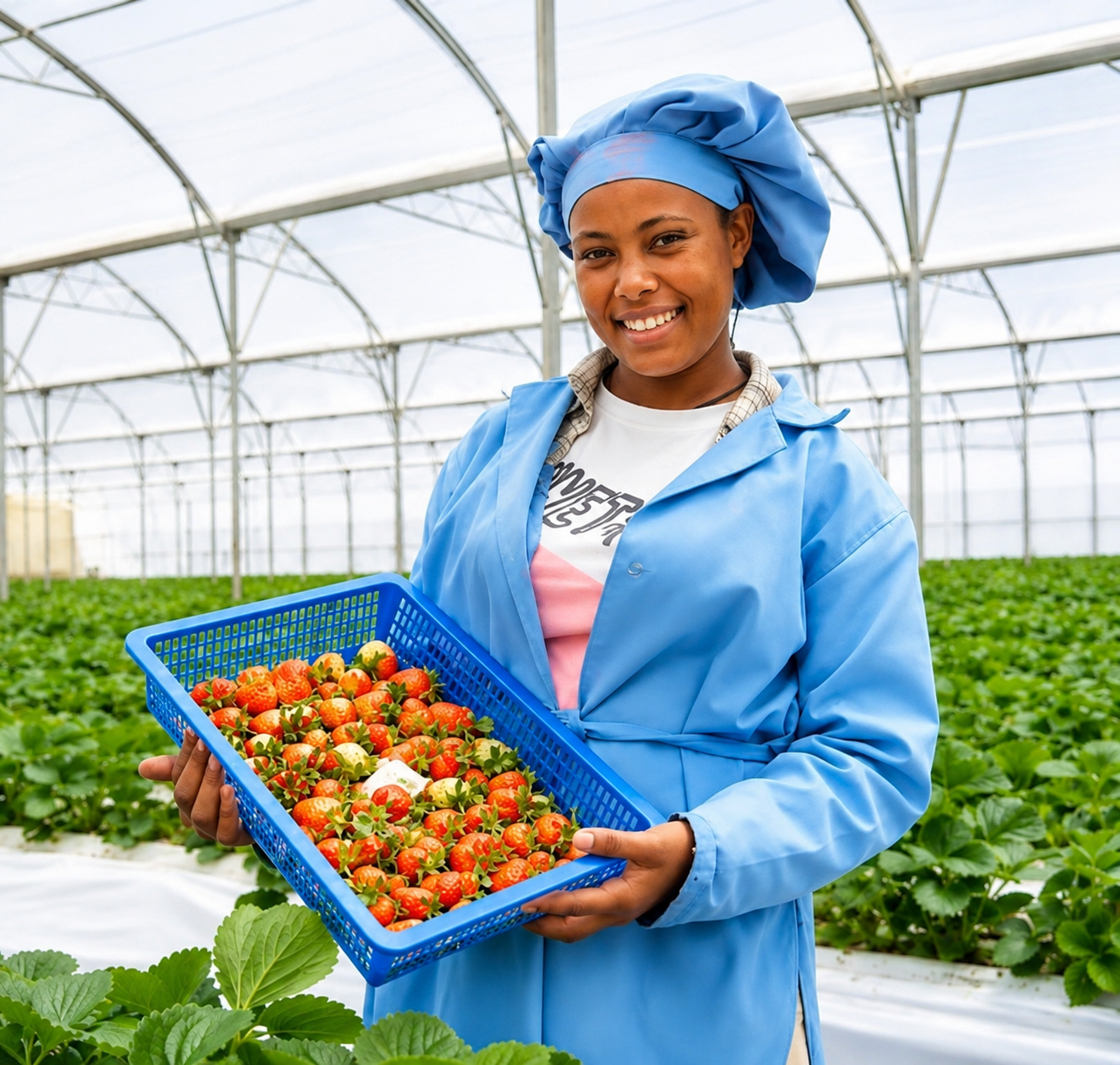 Beeco team member holding a freshly harvested crate of strawberries